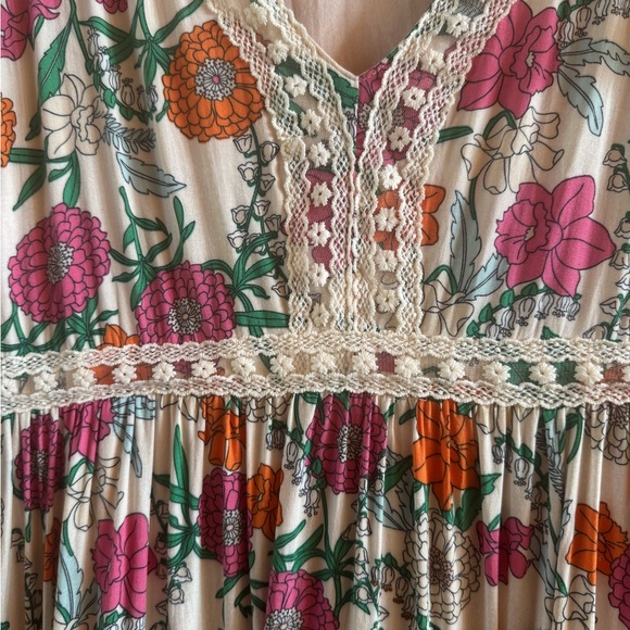 Baevely‎ Woman’s Size Large Boho Tiered Floral Lined Dress Flutter Sleeves Lace - Picture 6 of 13